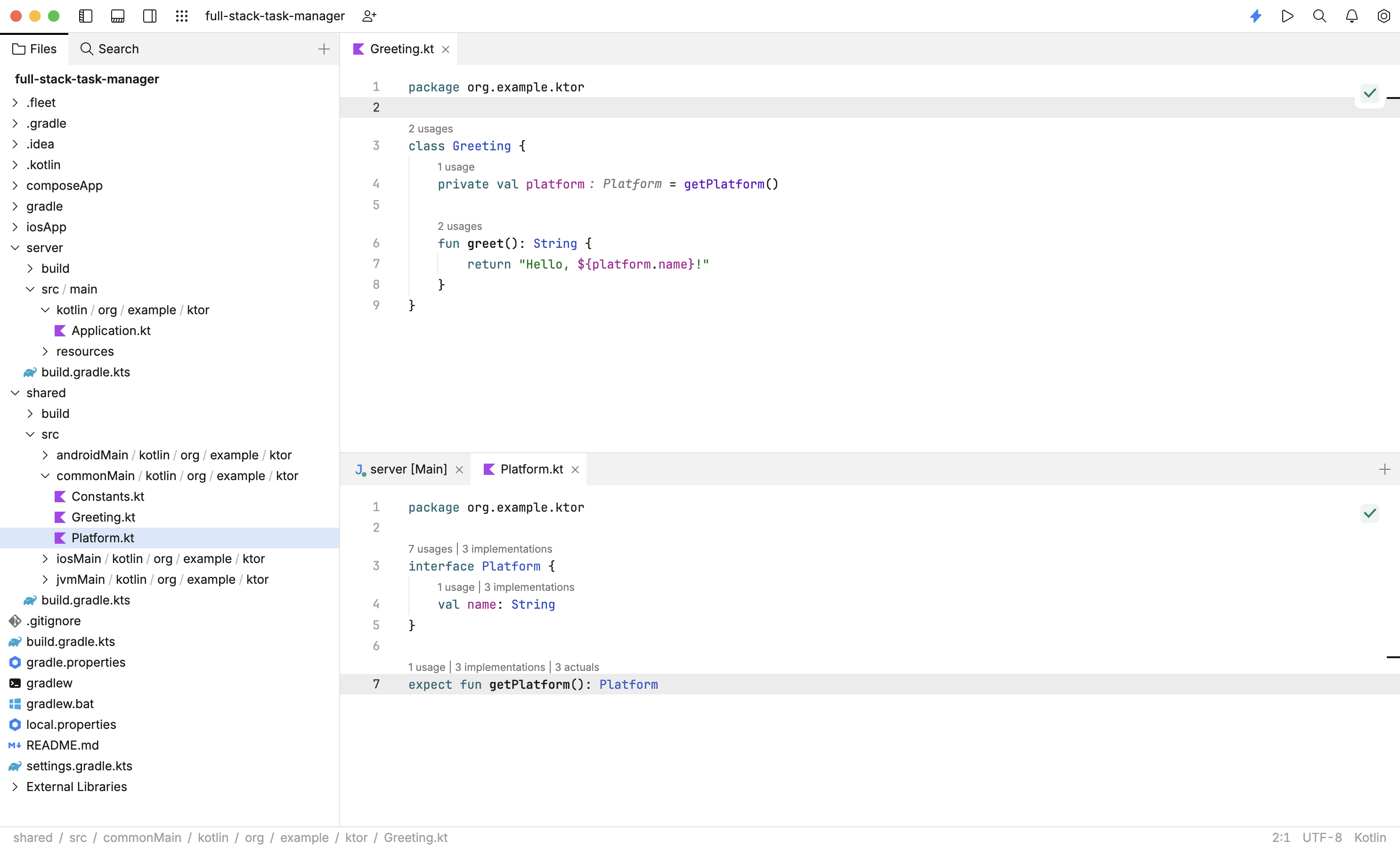 Greeting.kt and Platform.kt opened in Fleet