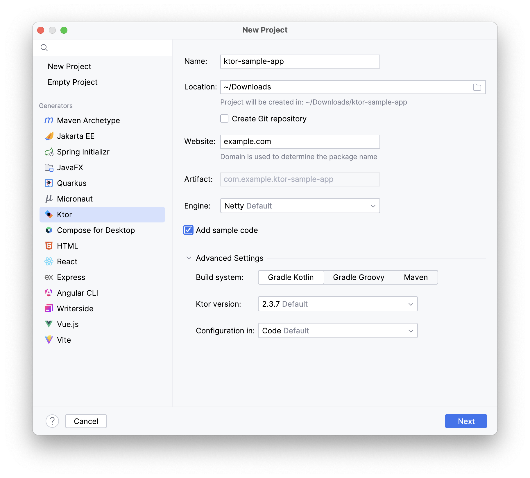 Ktor Project Advanced Settings