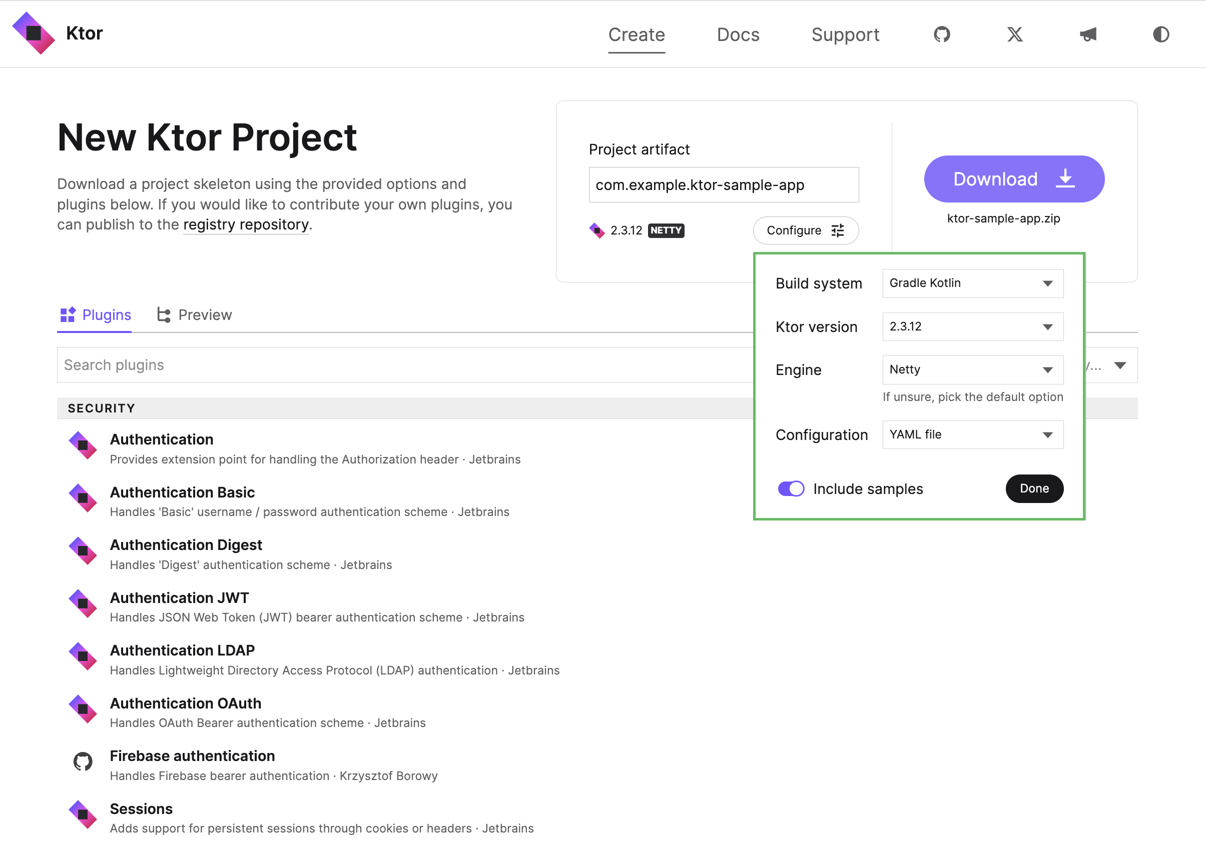 expanded view of Ktor project settings