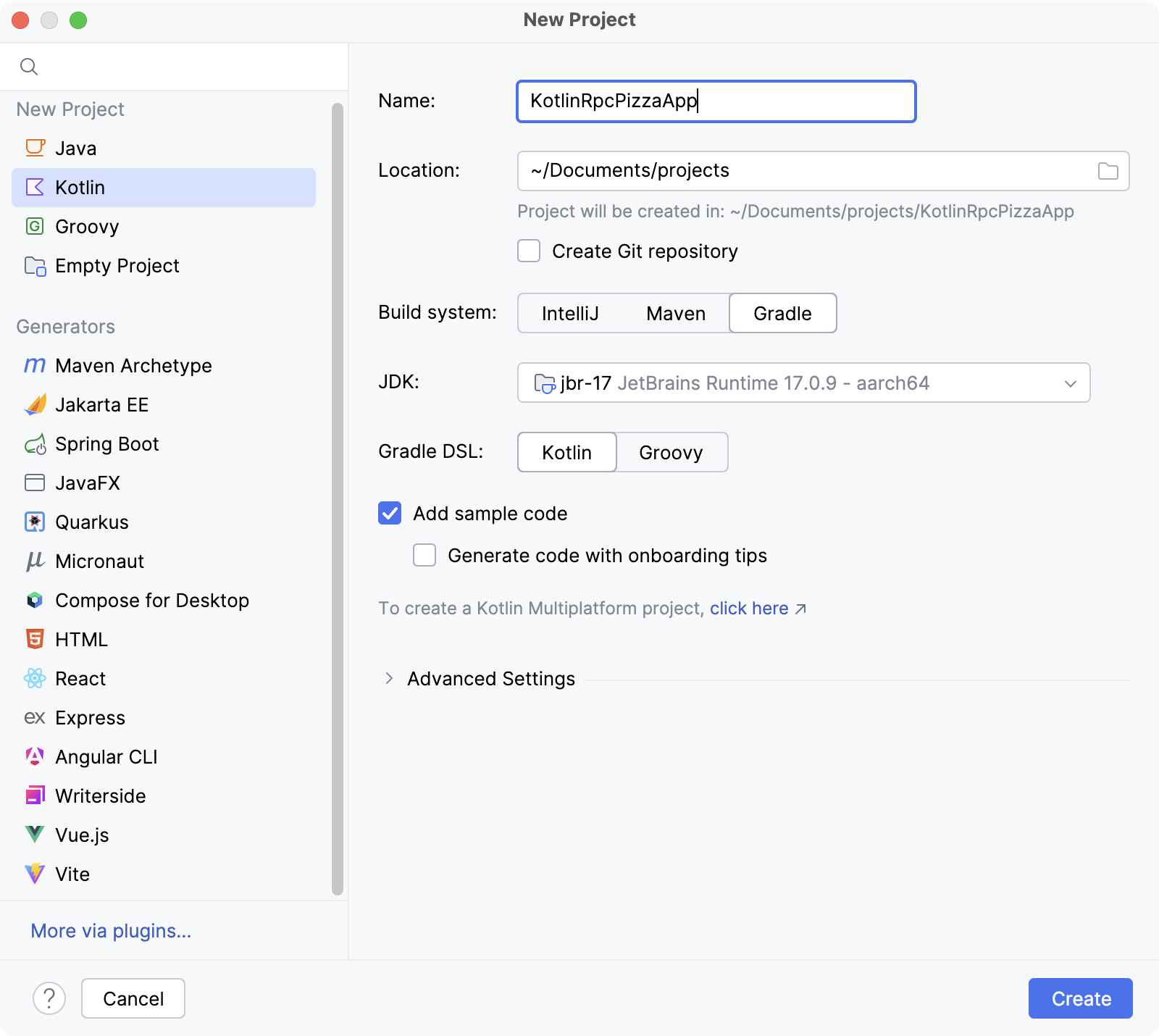 IntelliJ New Kotlin Project window