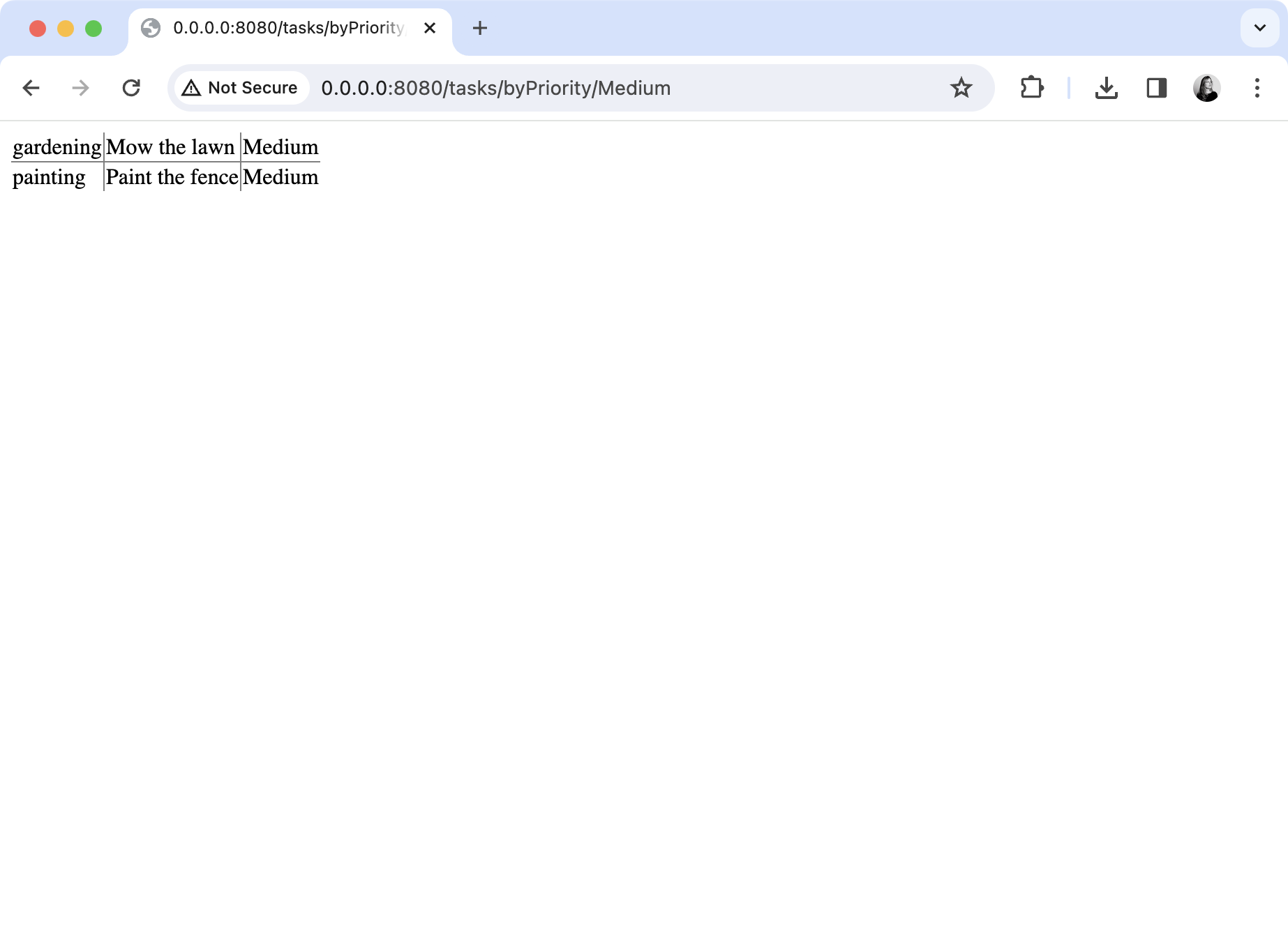 A browser window displaying a table with Medium priority tasks