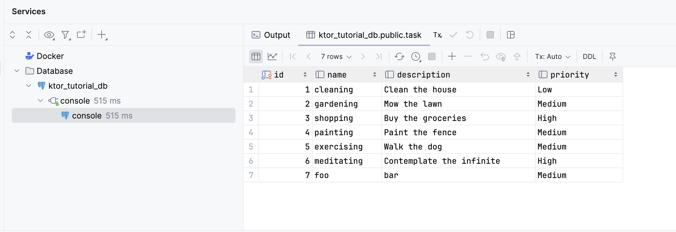 A table of tasks displayed in the Service pane in intelliJ IDEA