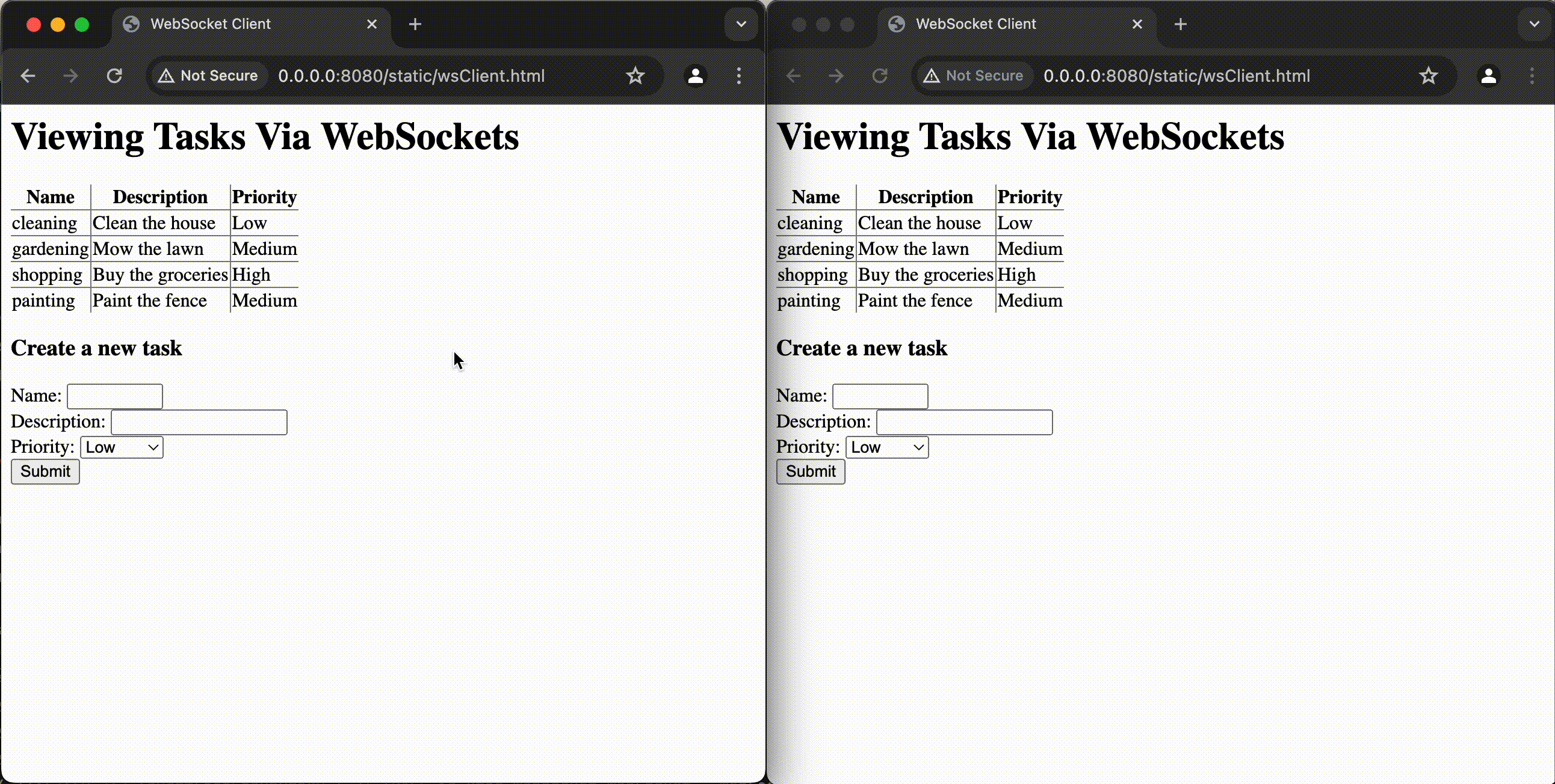 Two web browser pages side-by-side demonstrating the creation of a new task through an HTML form