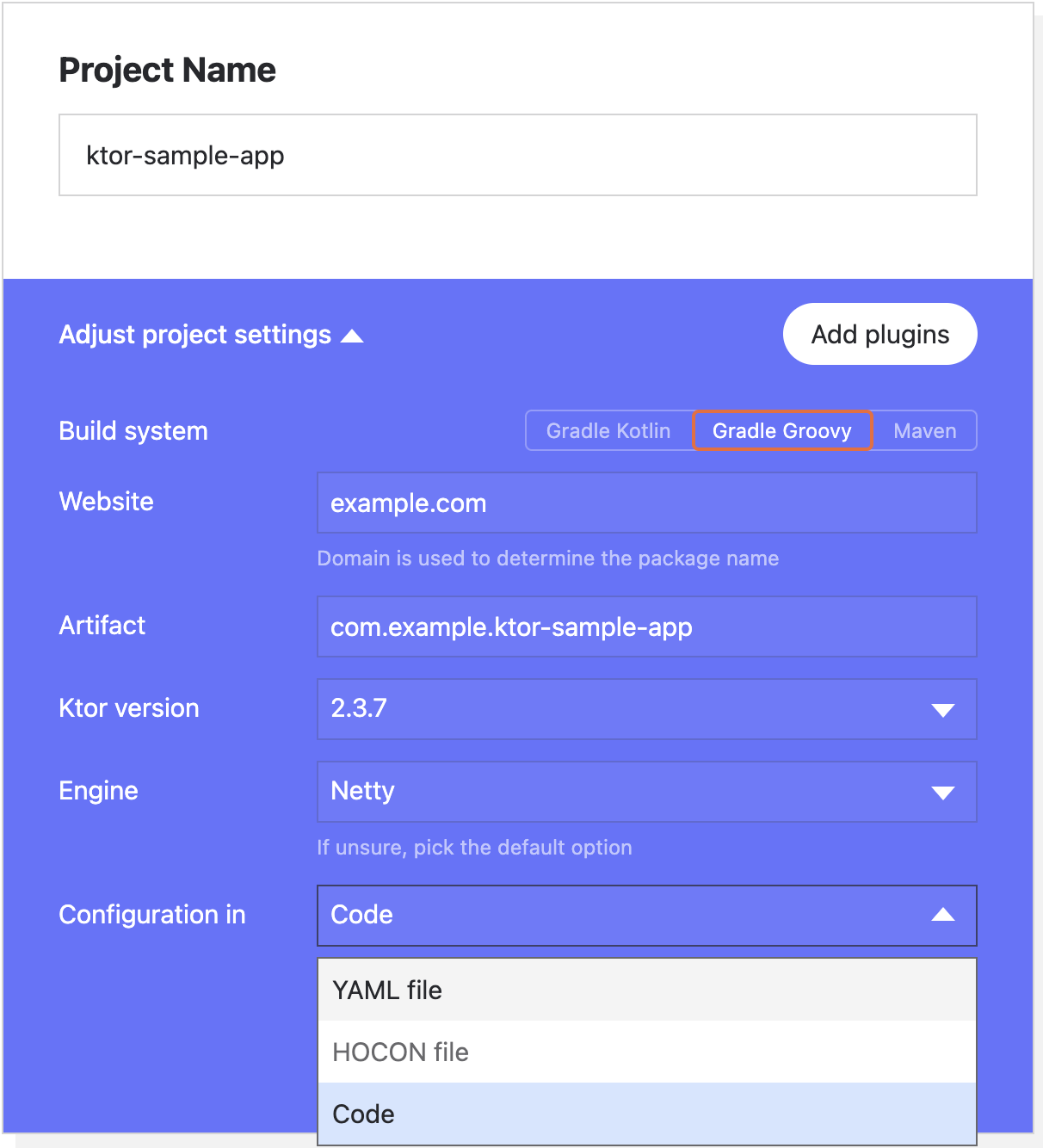 Ktor project generator configuration options Ktor project generator configuration options