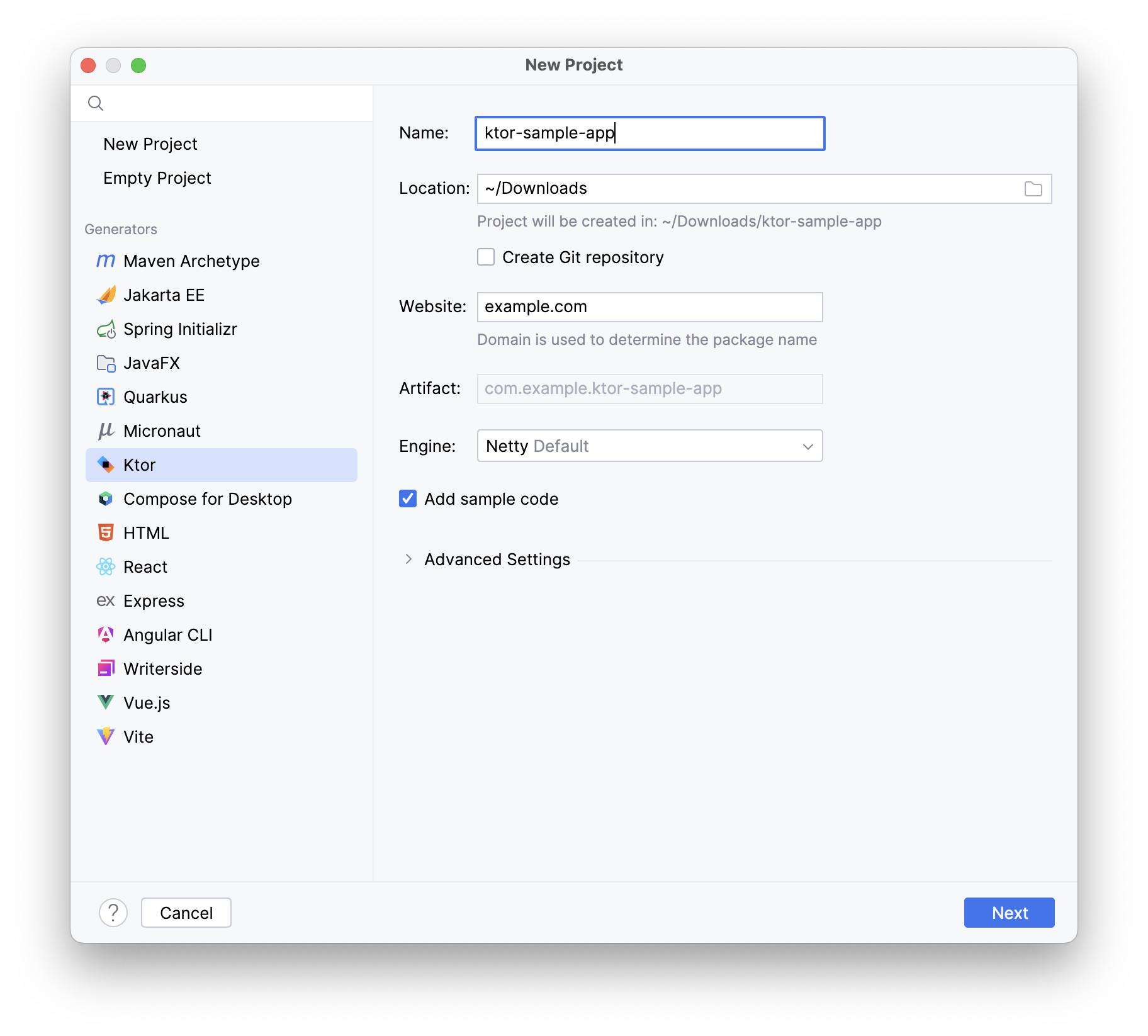 Ktor Project Settings