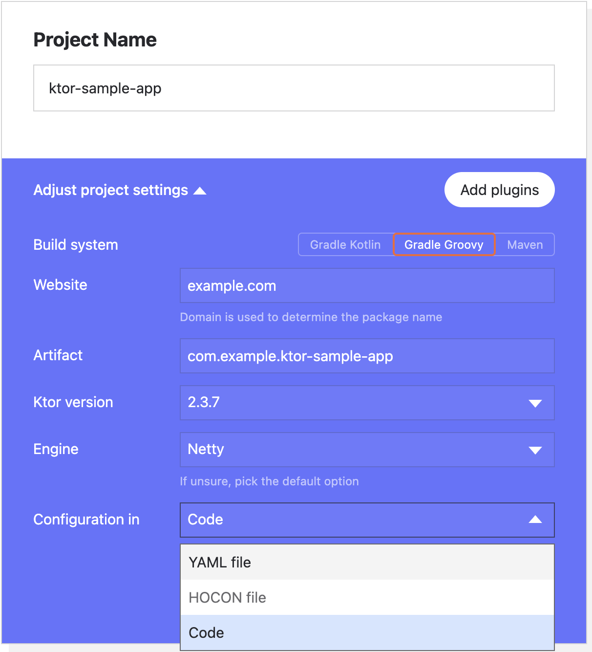 Ktor project generator configuration options