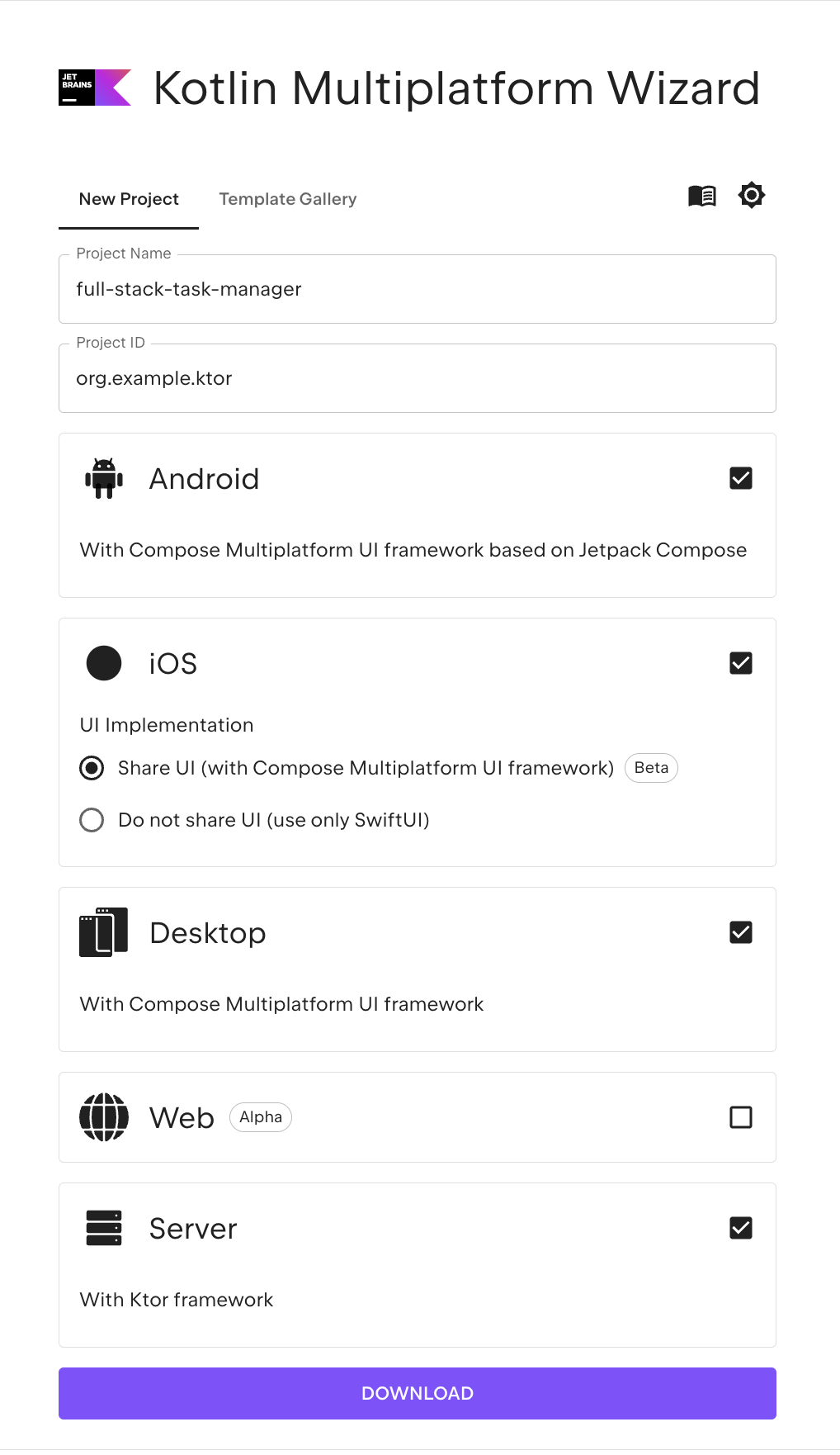 Kotlin Multiplatform wizard settings