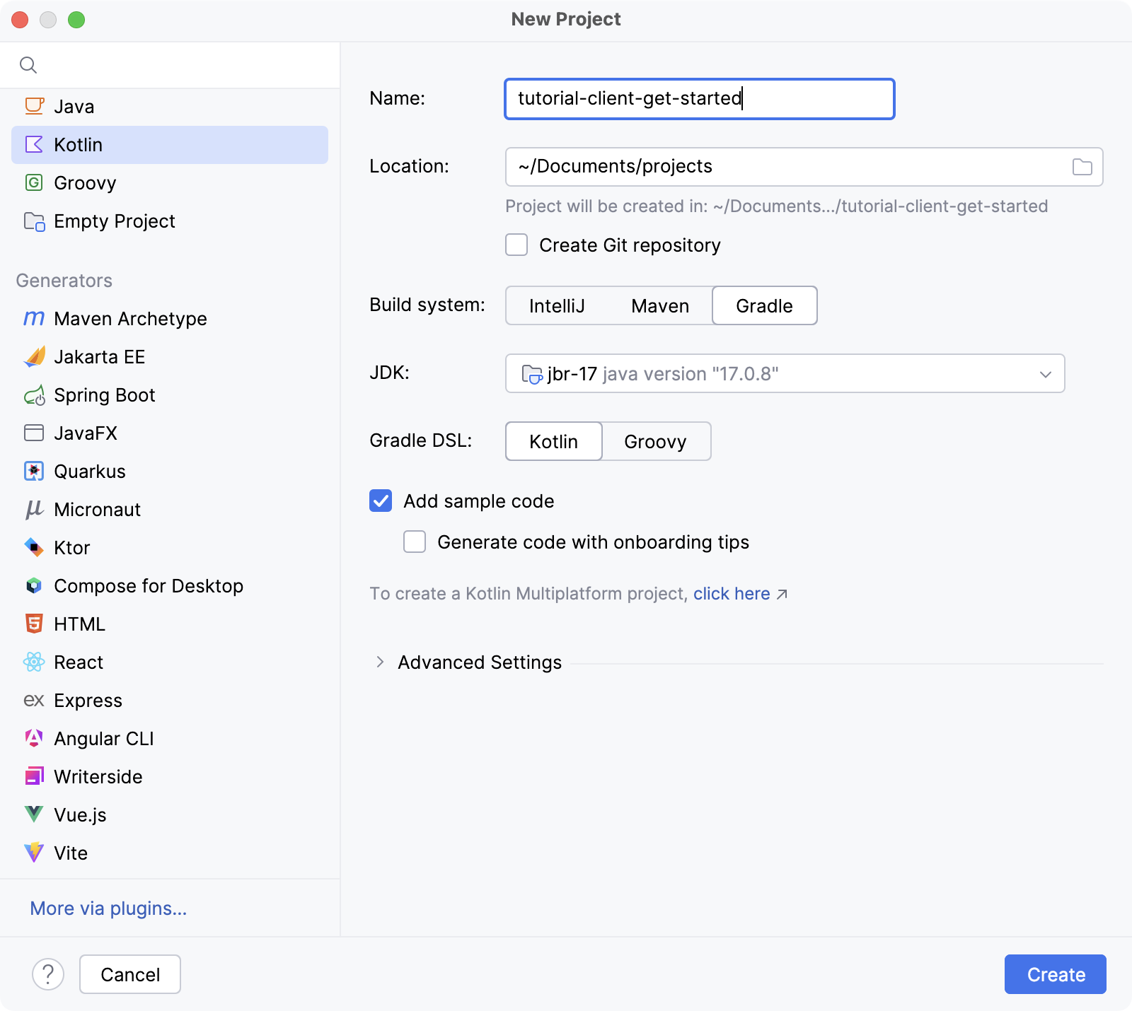 New Kotlin project window in intelliJ IDEA