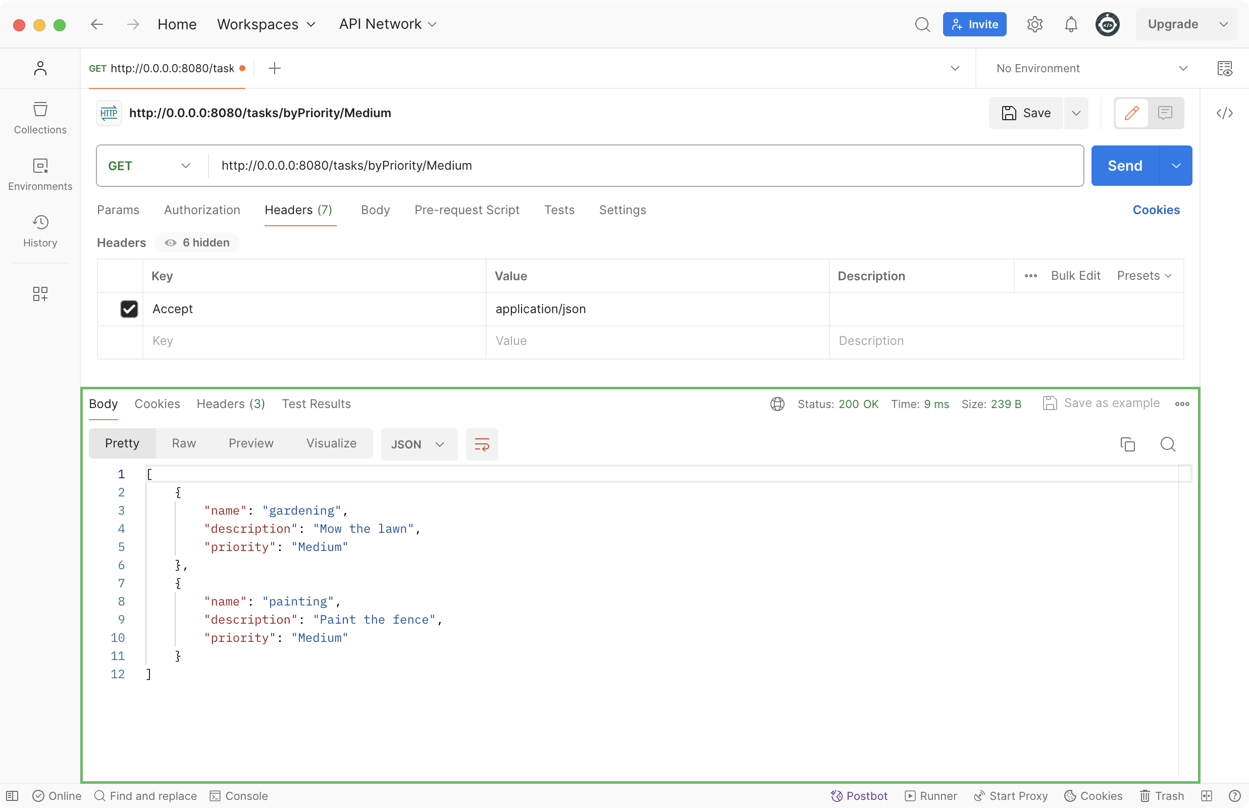 A GET request in Postman showing tasks with medium priority in JSON format