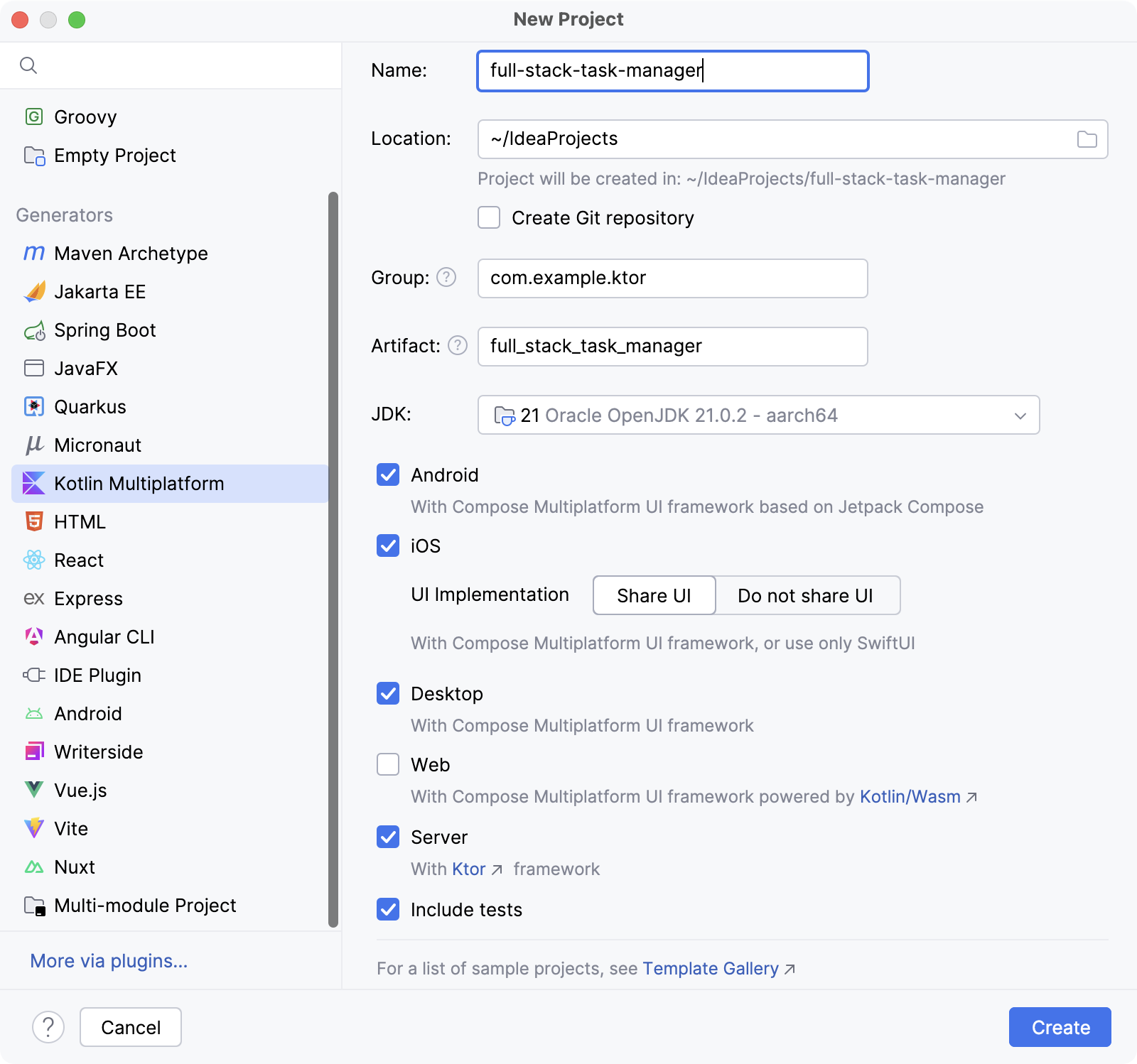 Kotlin Multiplatform wizard settings