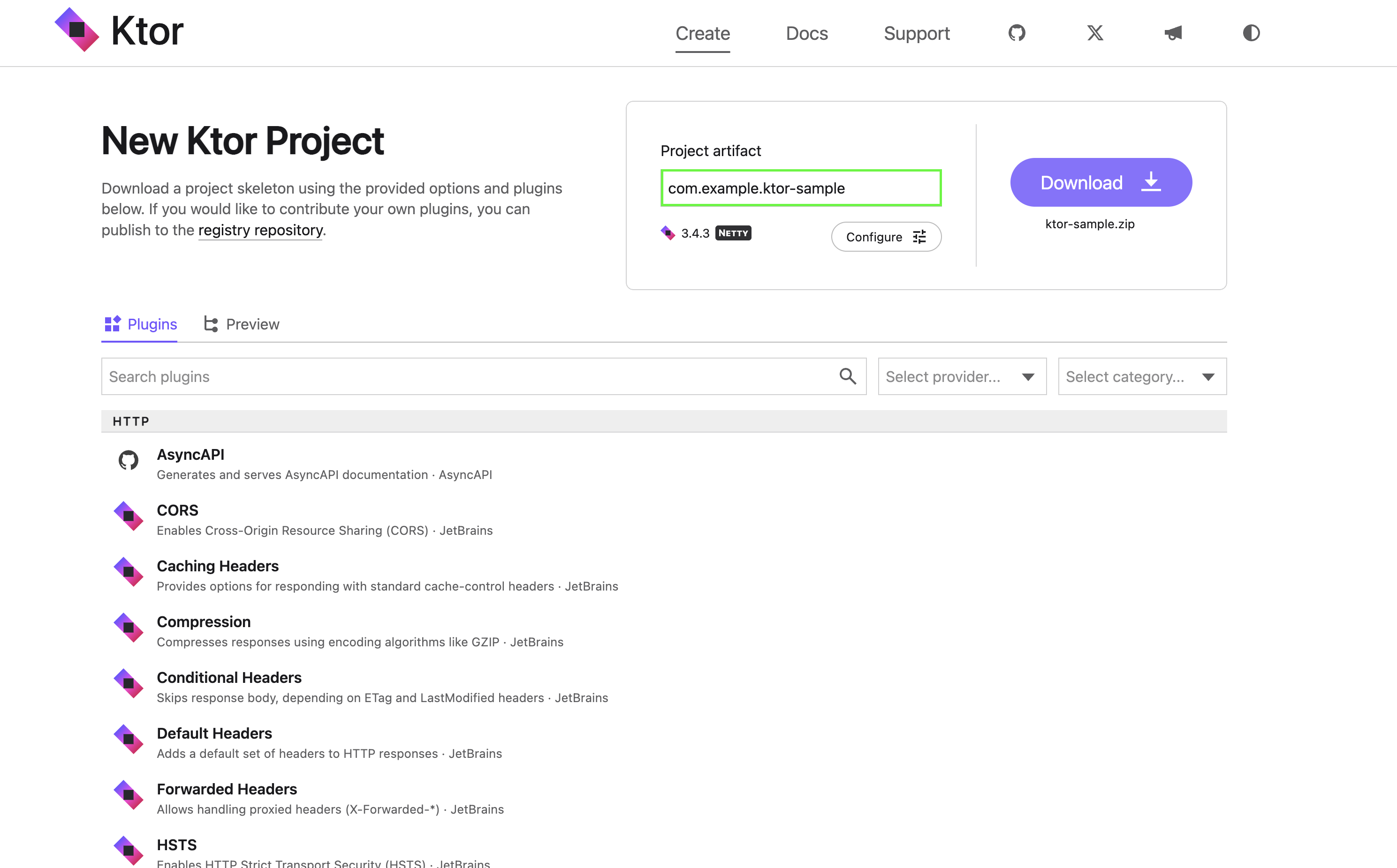 Ktor project generator with Project Artifact Name com.example.ktor-sample