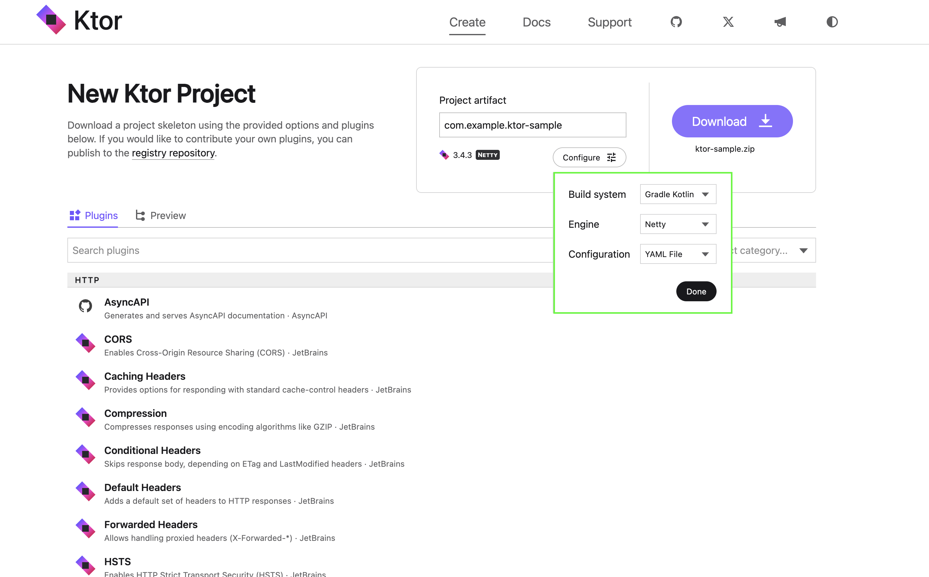 expanded view of Ktor project settings