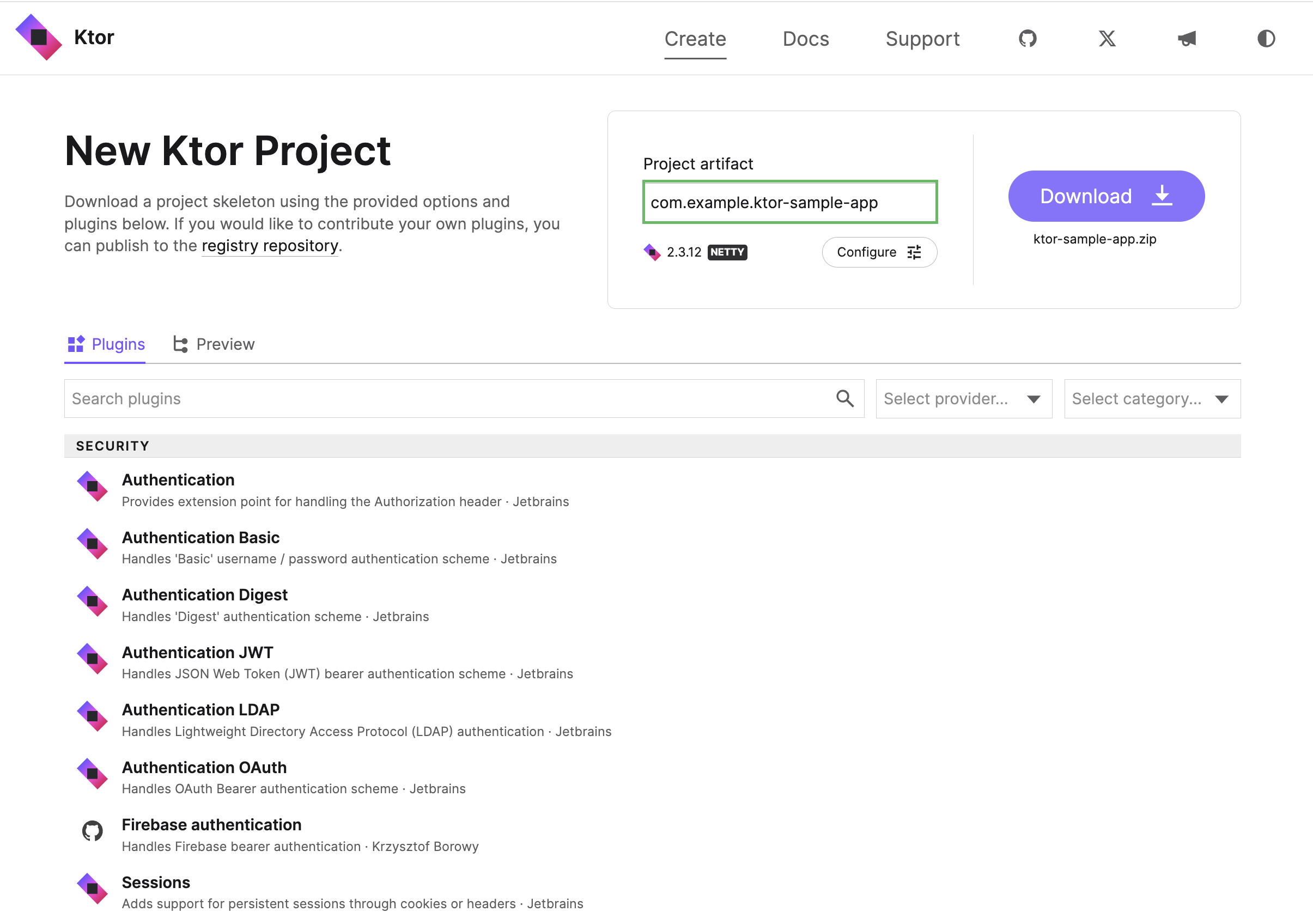 Ktor Project Generator with Project Artifact Name org.example.ktor-sample-app