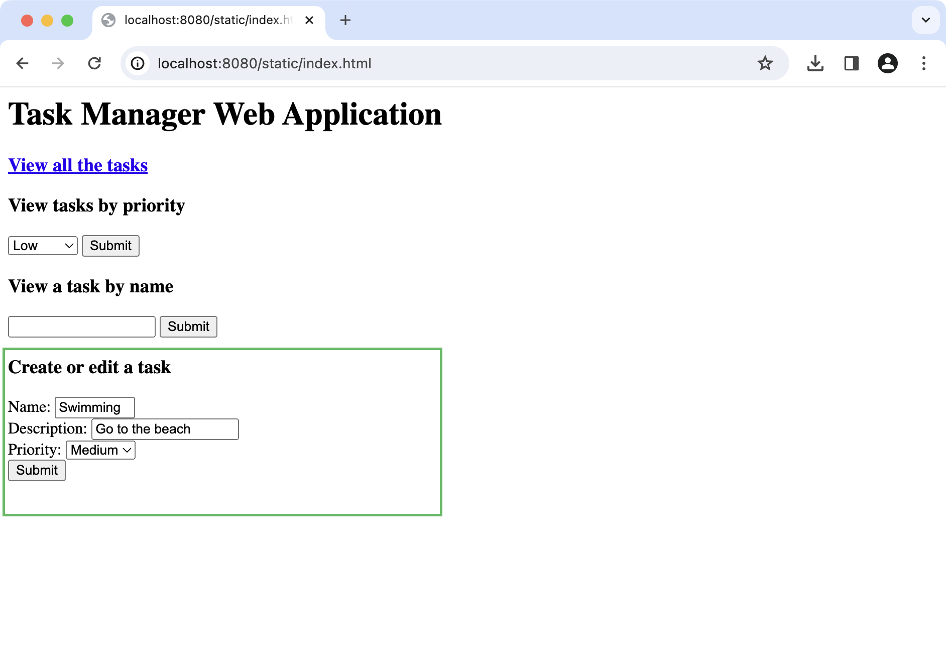 A web browser displaying HTML forms