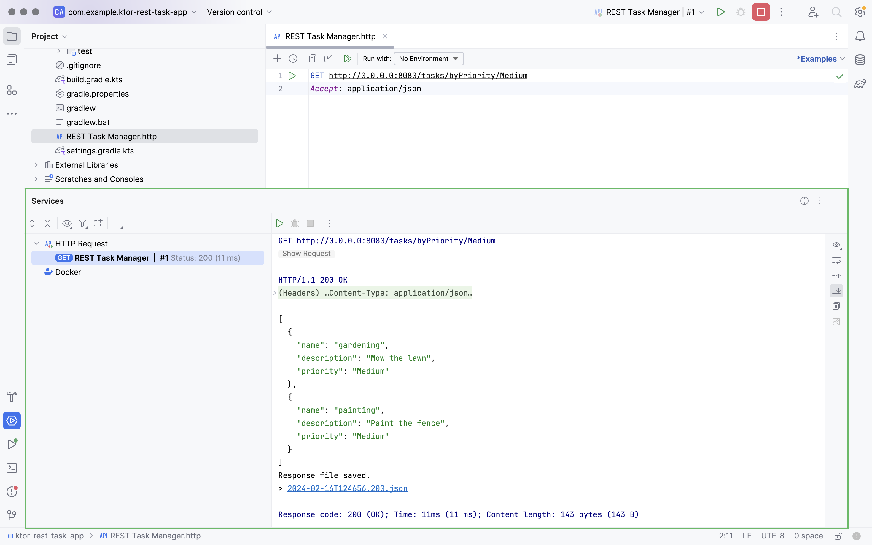 A GET request in an HTTP file showing tasks with medium priority in JSON format