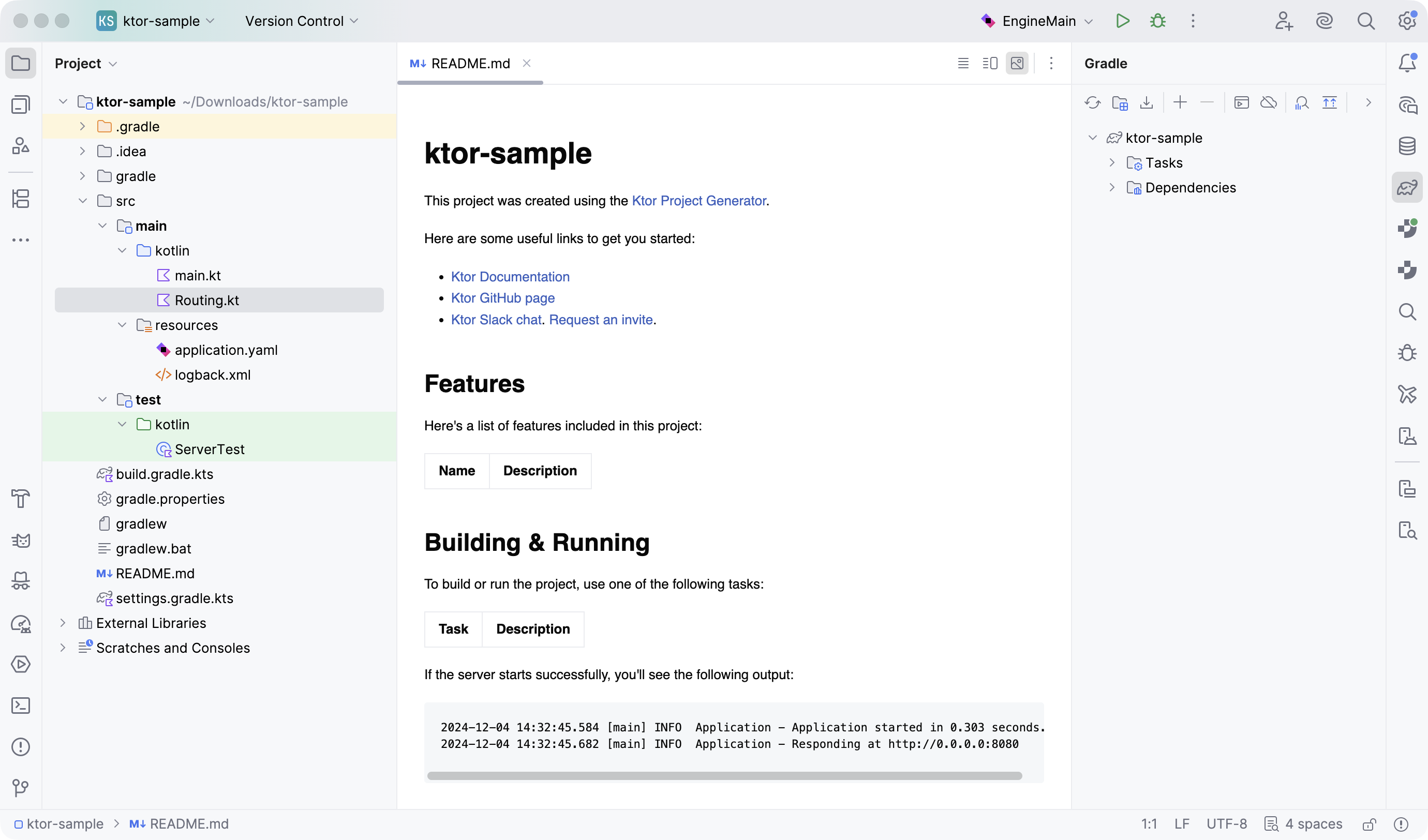 Generated Ktor project view in IDE
